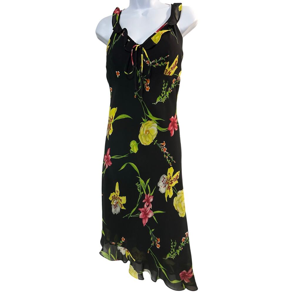 VTG Y2K Black Yellow Floral Sleeveless Babydoll Dress Size XS Asymmetric Fairy